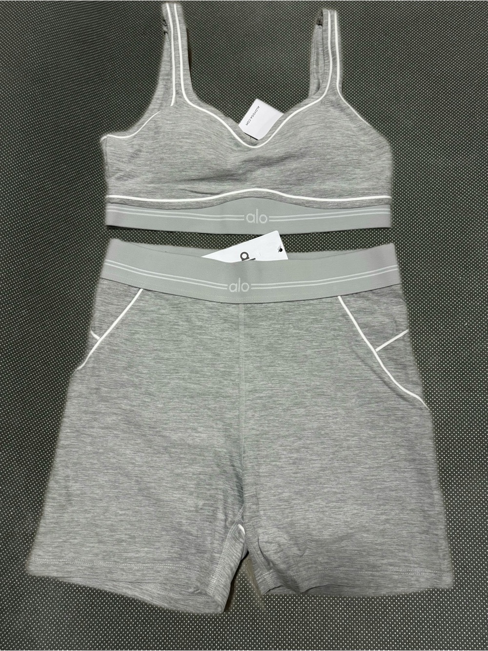 ALO Yoga Heather Gray Sports Bralette & Lounge Shorts Set